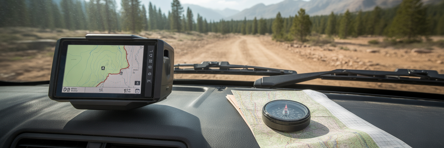 Off-road navigation tools GPS and map.