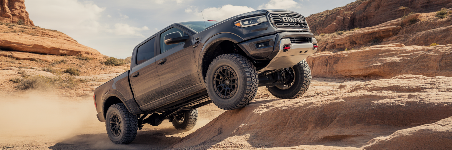 Off-road truck climbing a rocky trail.