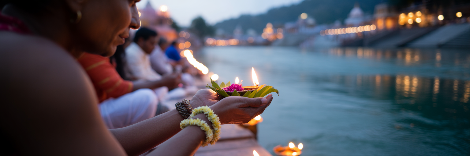 Offering a lit diya at Ganga Aarti.