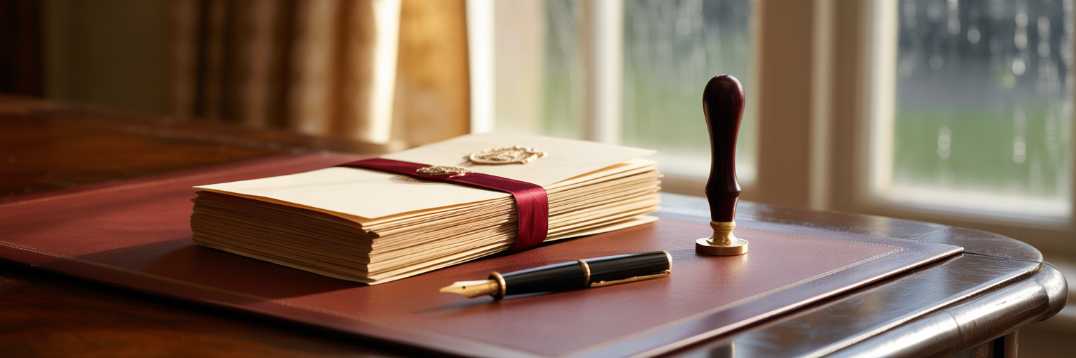 Official documents and fountain pen on desk.