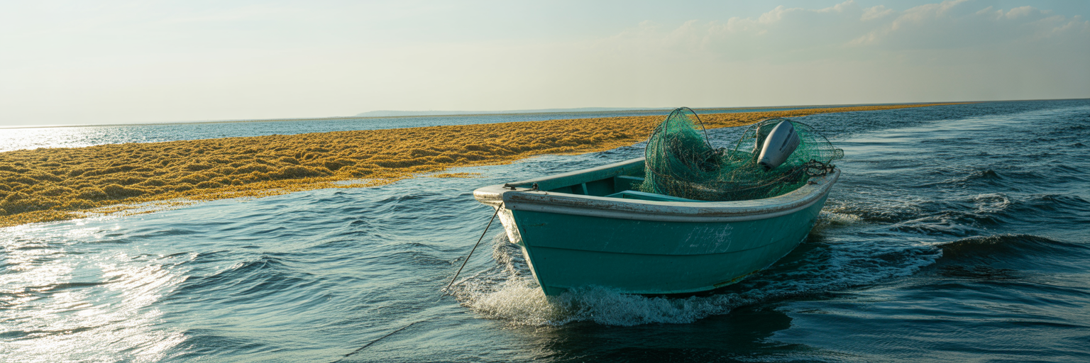 Offshore boat alongside Sargassum weed line