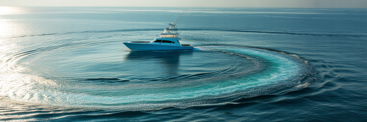 Offshore boat making a strategic trolling turn.