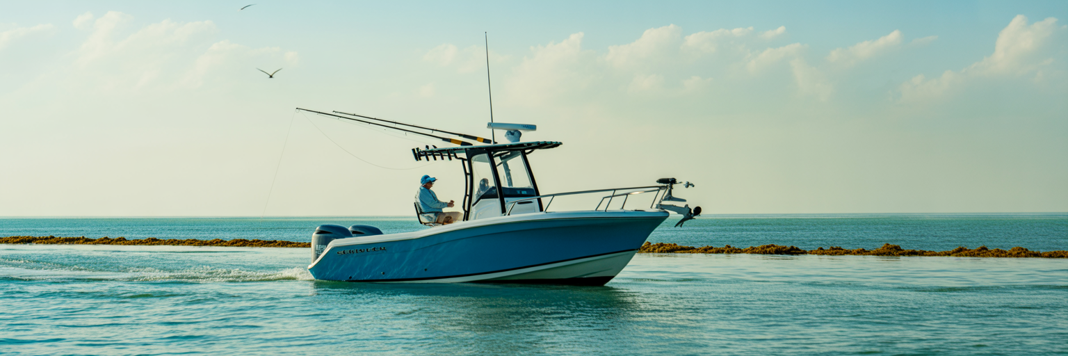 Offshore boat trolling a weed line.