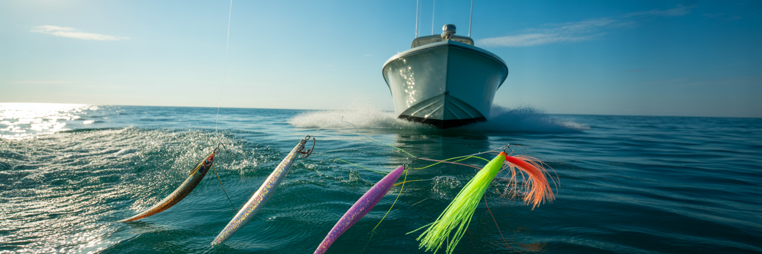 Offshore boat trolling lures in wake