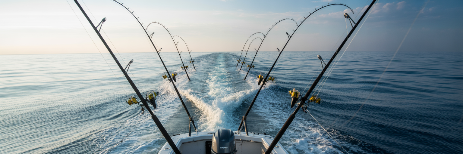 Offshore boat trolling spread geometry