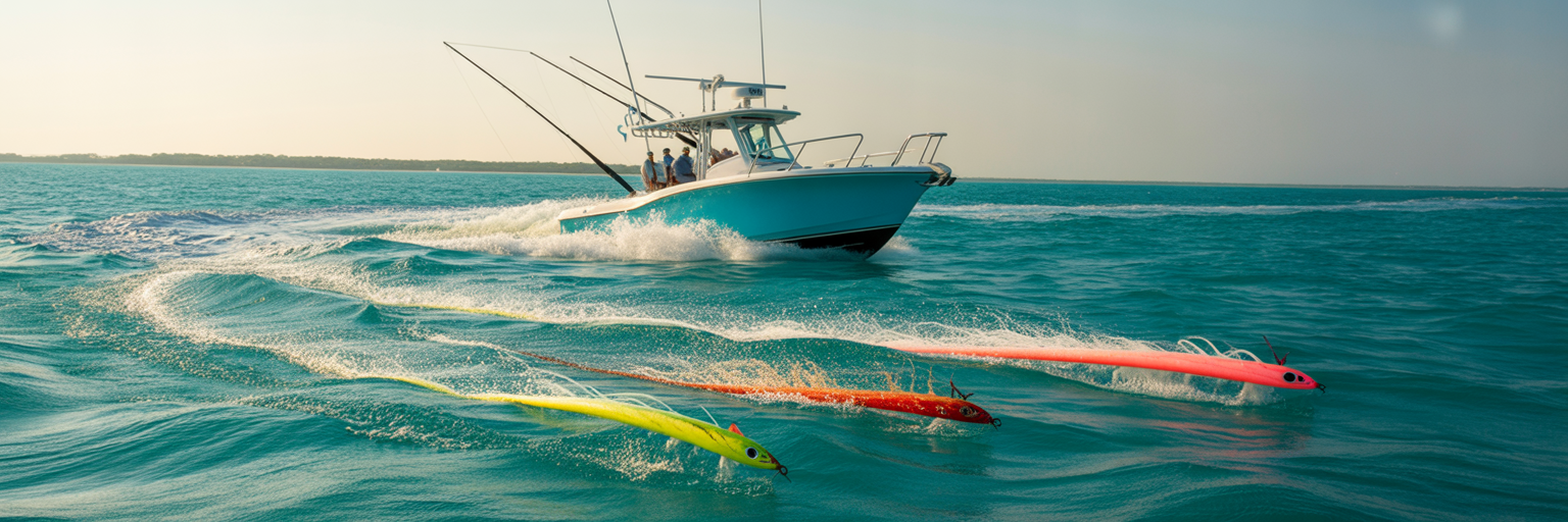 Offshore boat with a full trolling spread