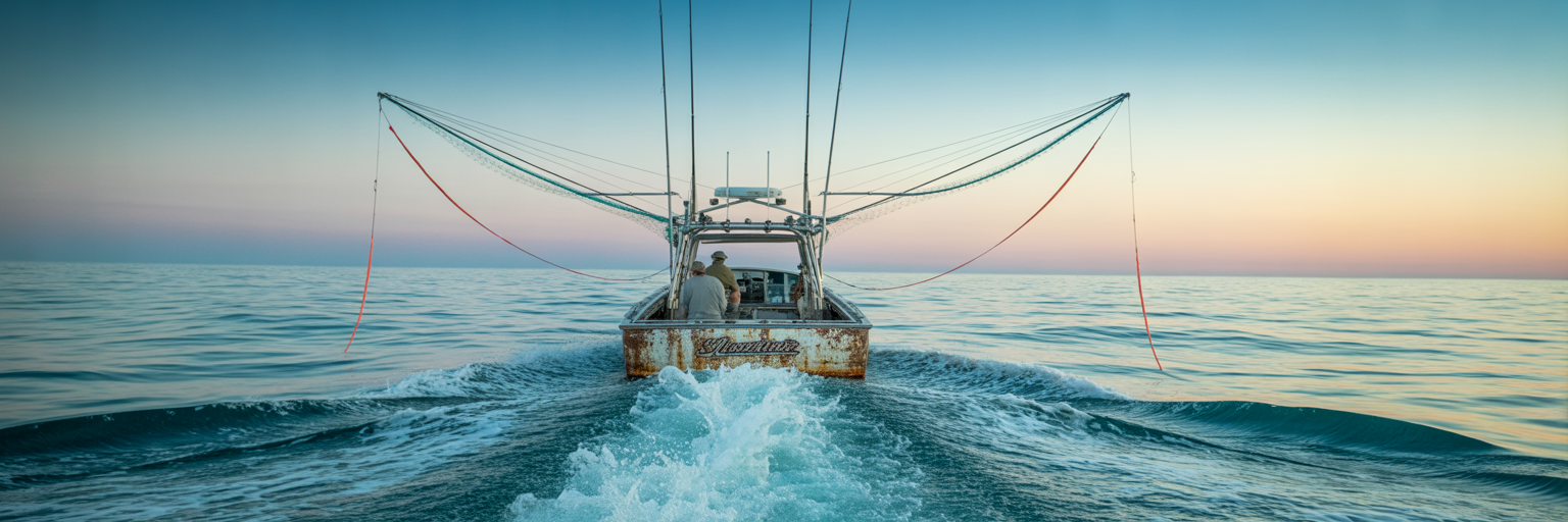 Offshore boat with trolling spread setup