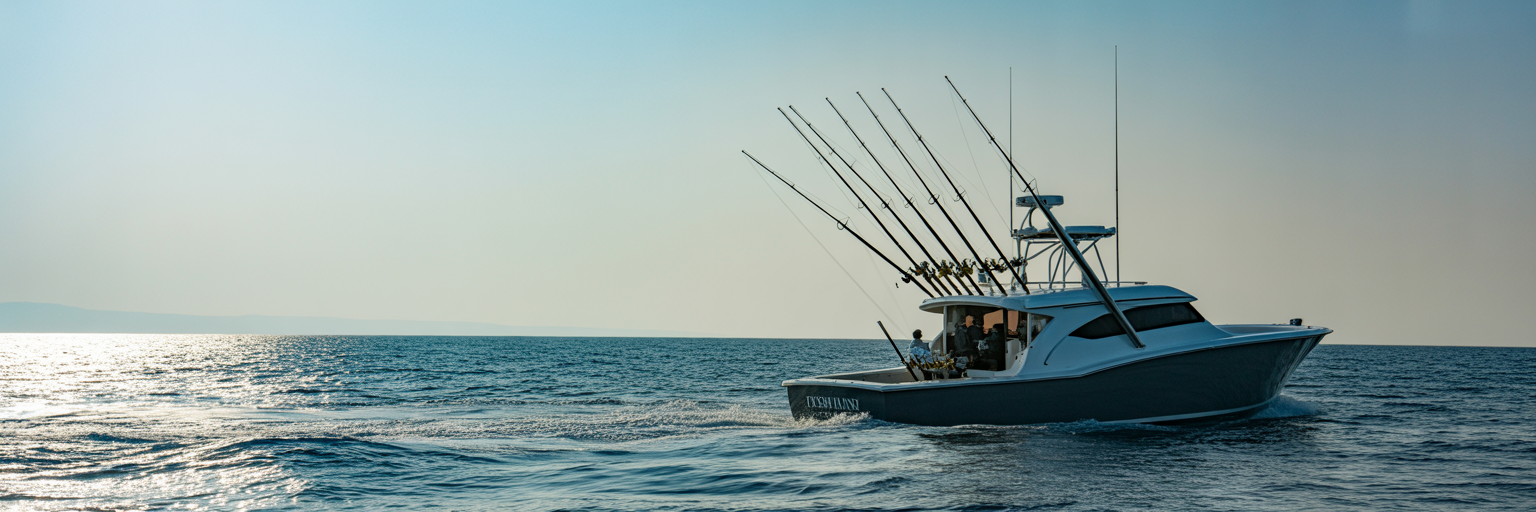 Offshore boat with trolling spread setup.