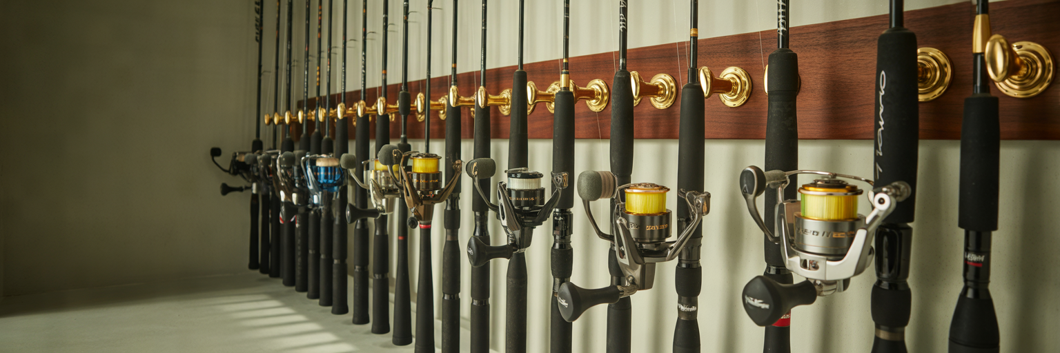 Offshore fishing rods and reels in storage