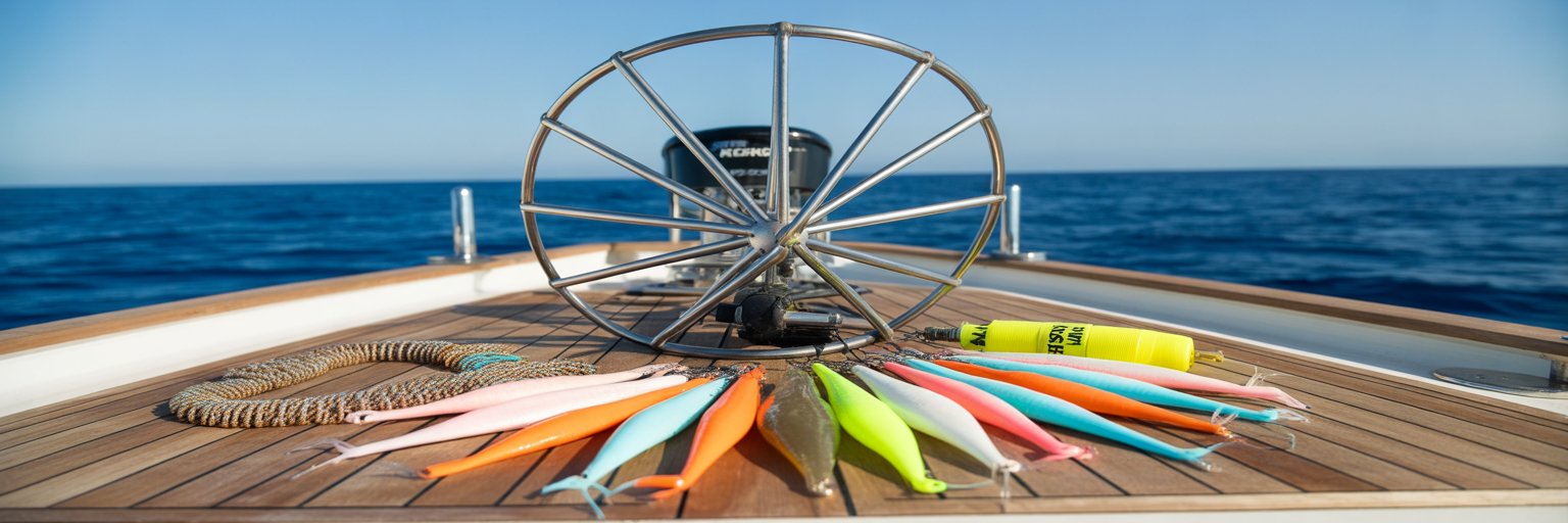 Offshore fishing teasers and dredge on boat deck