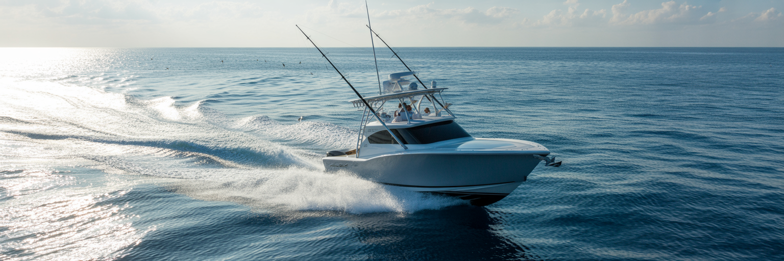 Offshore sportfishing boat trolling wakes