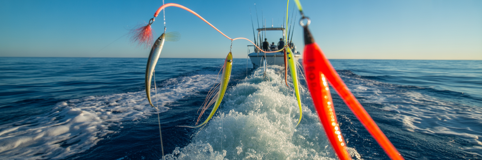 Offshore trolling lure spread in boat wake.