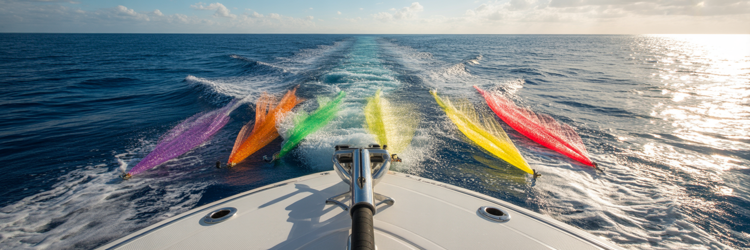 Offshore trolling lure spread in water.
