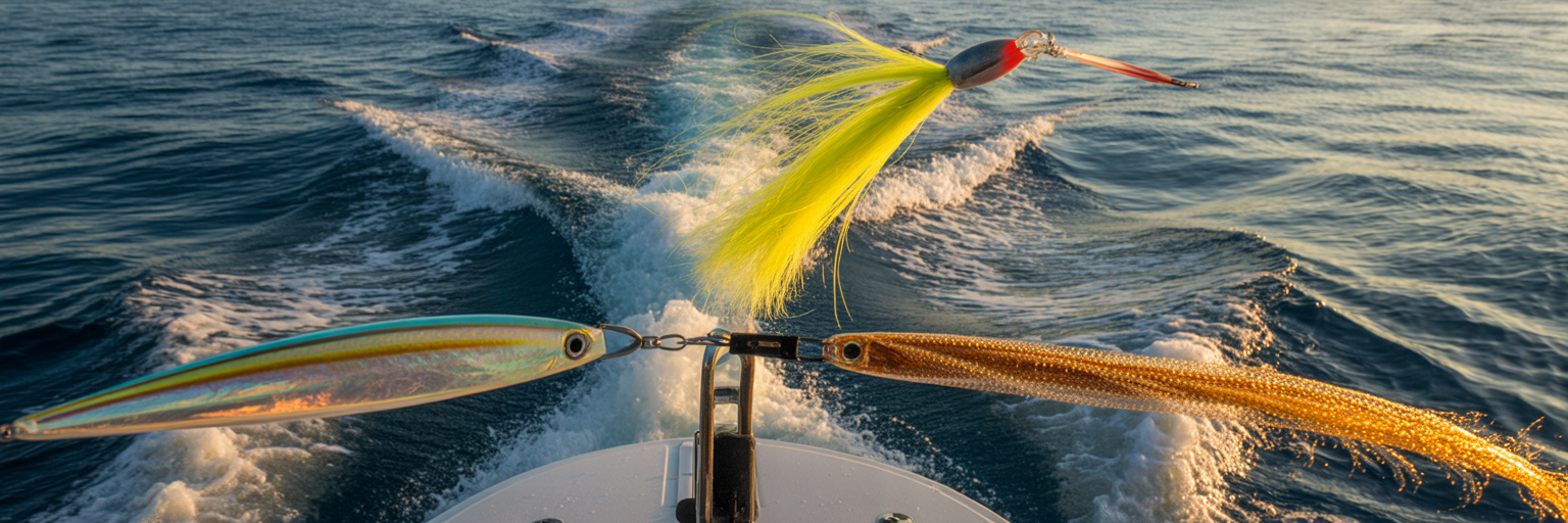 Offshore trolling lure spread in water.
