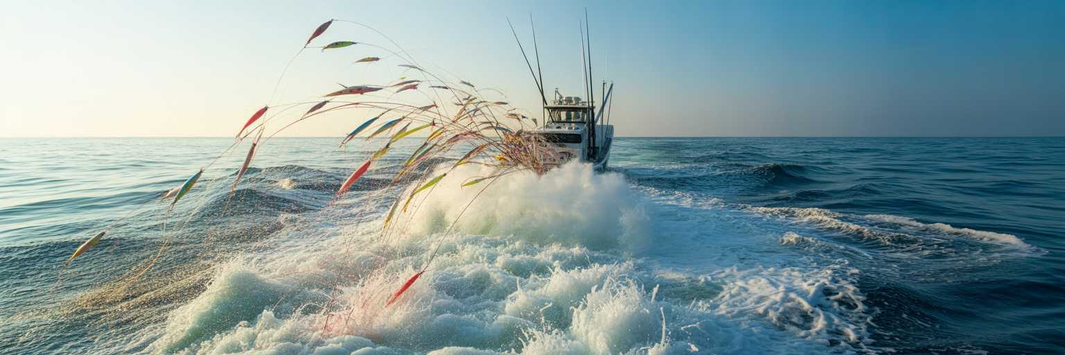 Offshore trolling lure spread in water.