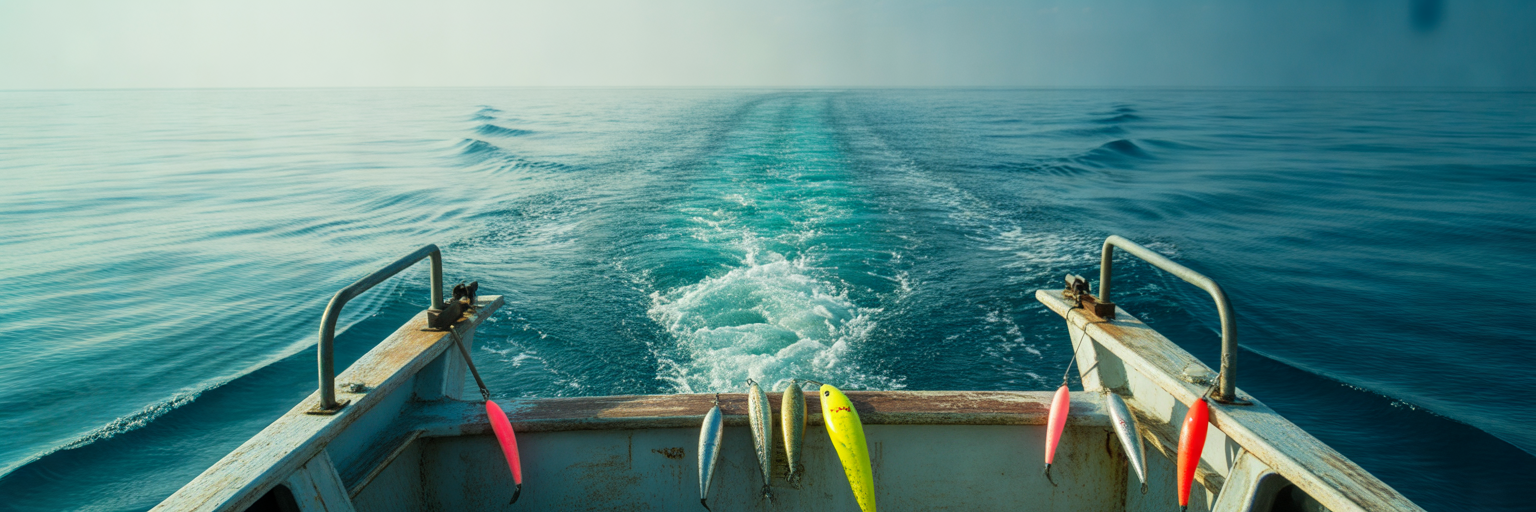 Offshore trolling lures in a boat's wake.