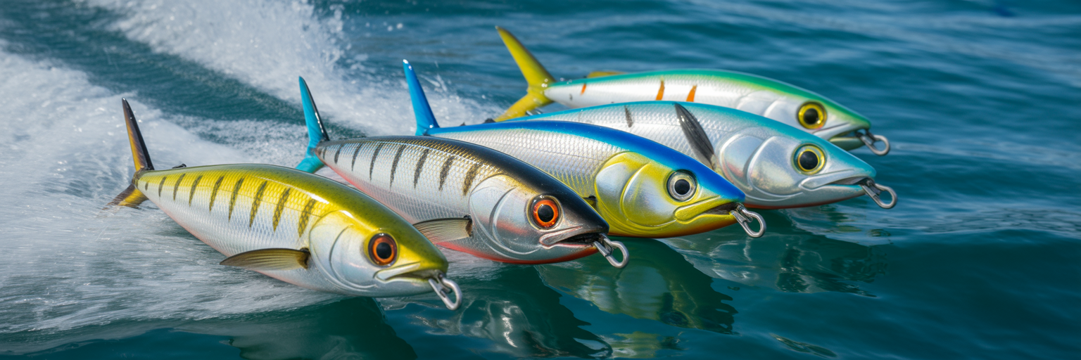 Offshore trolling lures in boat wake