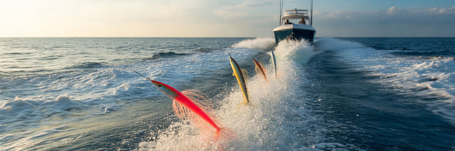 Offshore trolling lures in boat wake.