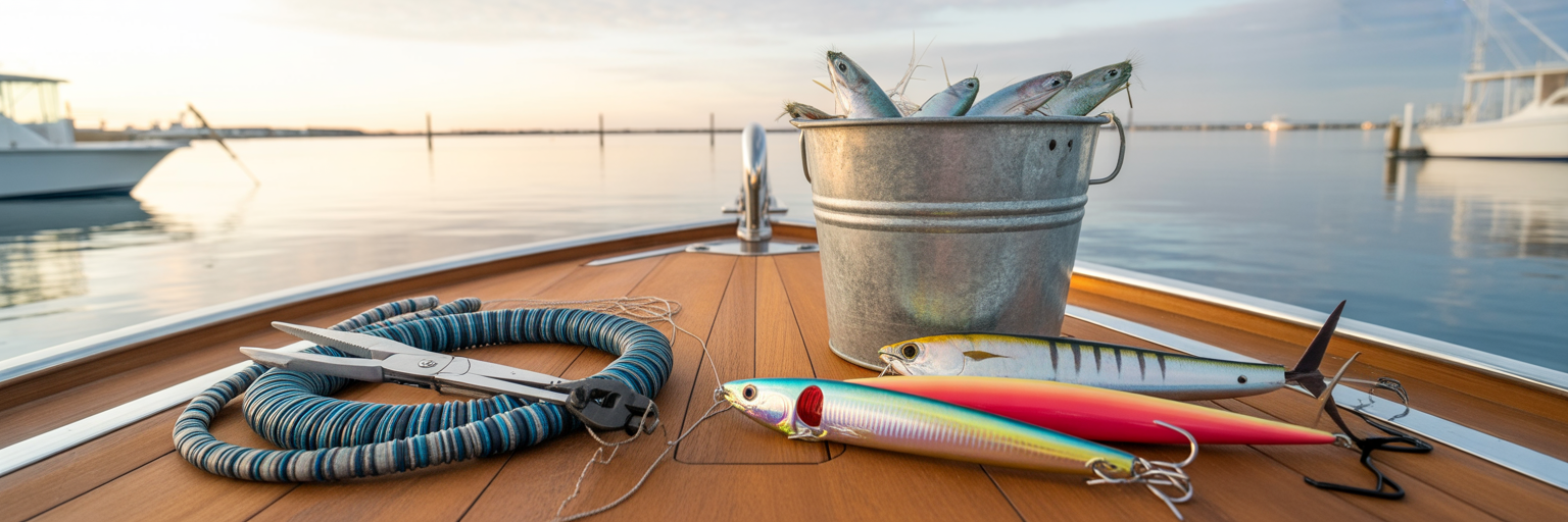 Offshore trolling lures ready on deck.