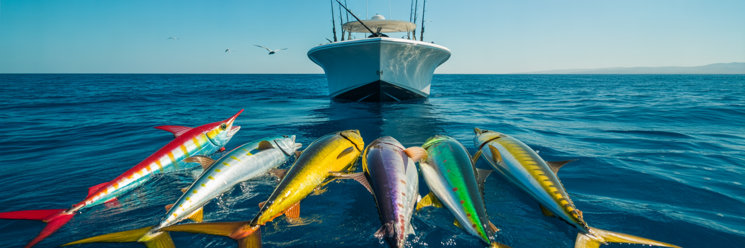 Offshore trolling spread in boat wake.
