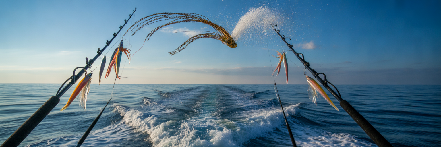 Offshore trolling spread with squid chain.