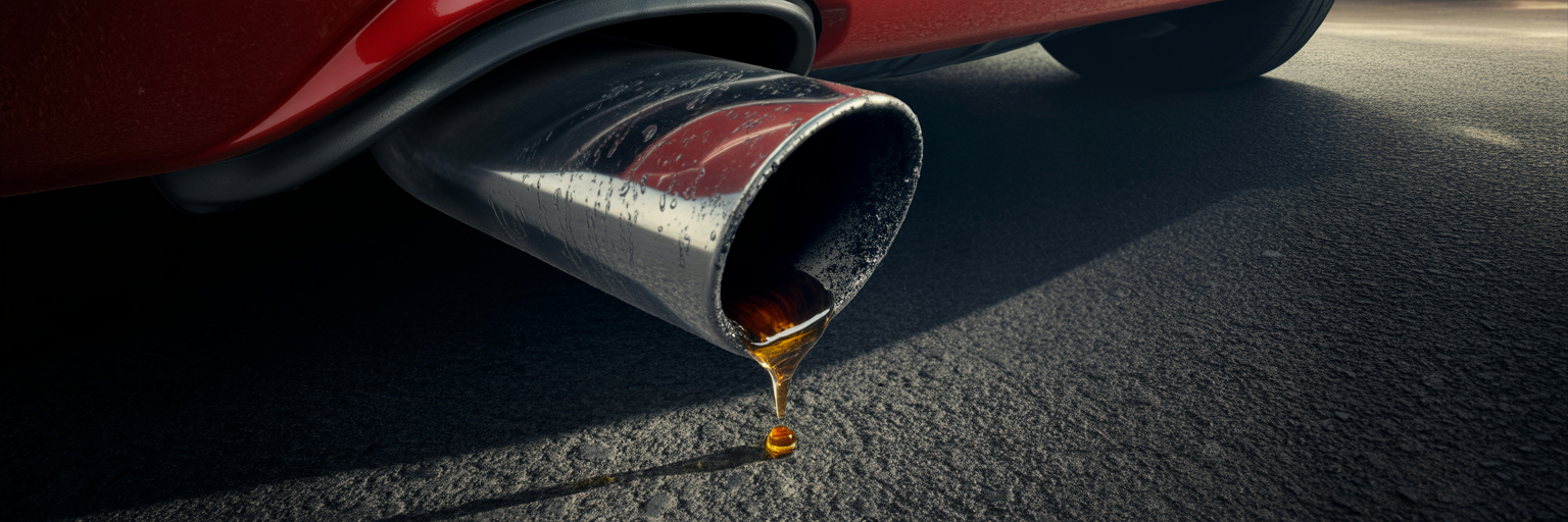 Oily black residue on car exhaust tip.
