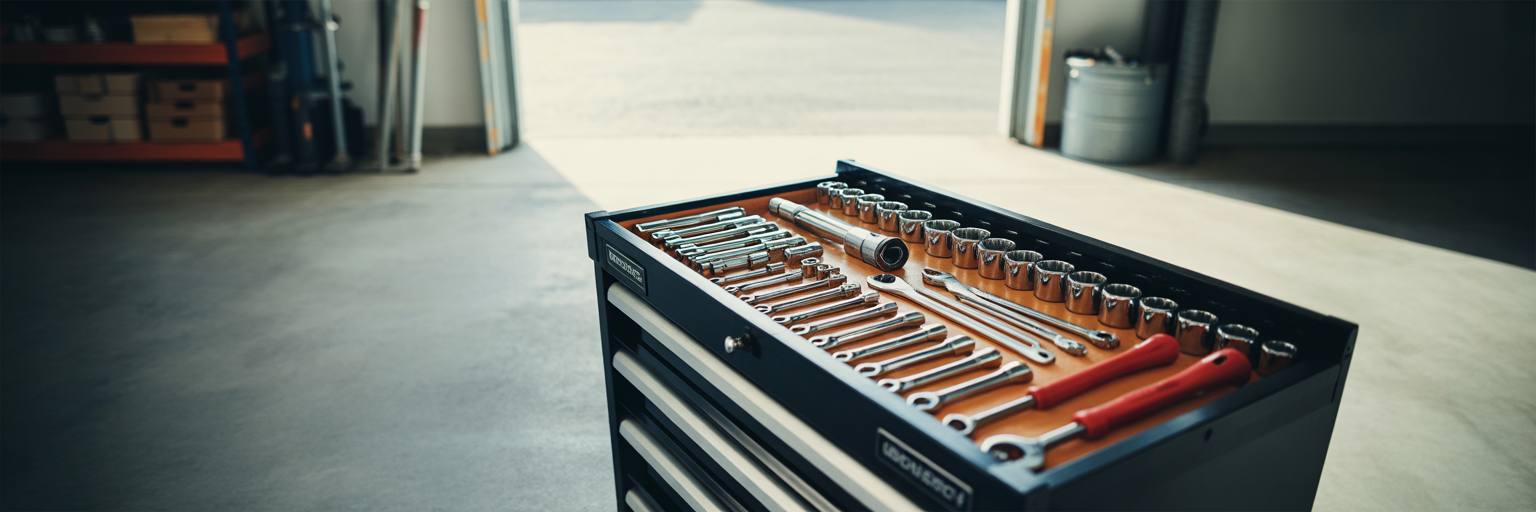 Open drawer of a tool chest with organized mechanic's tools.
