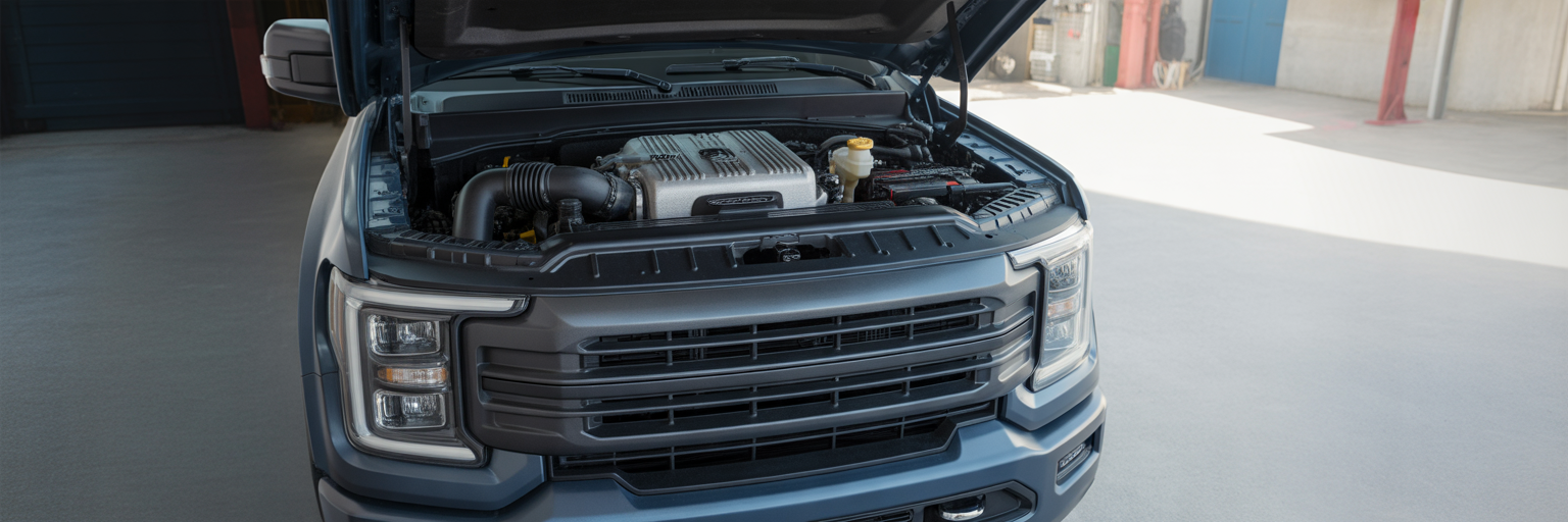 Open hood of a GM diesel truck