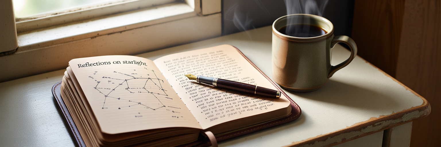 Open journal with handwritten notes on desk.