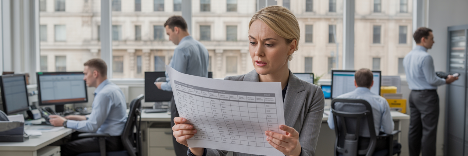 Operations manager reviewing workflow documents in office.