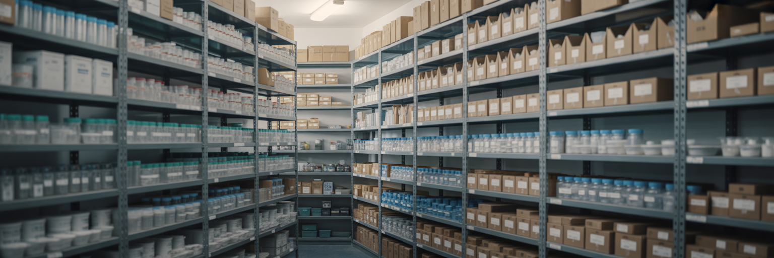 Organised laboratory supply stockroom shelves.