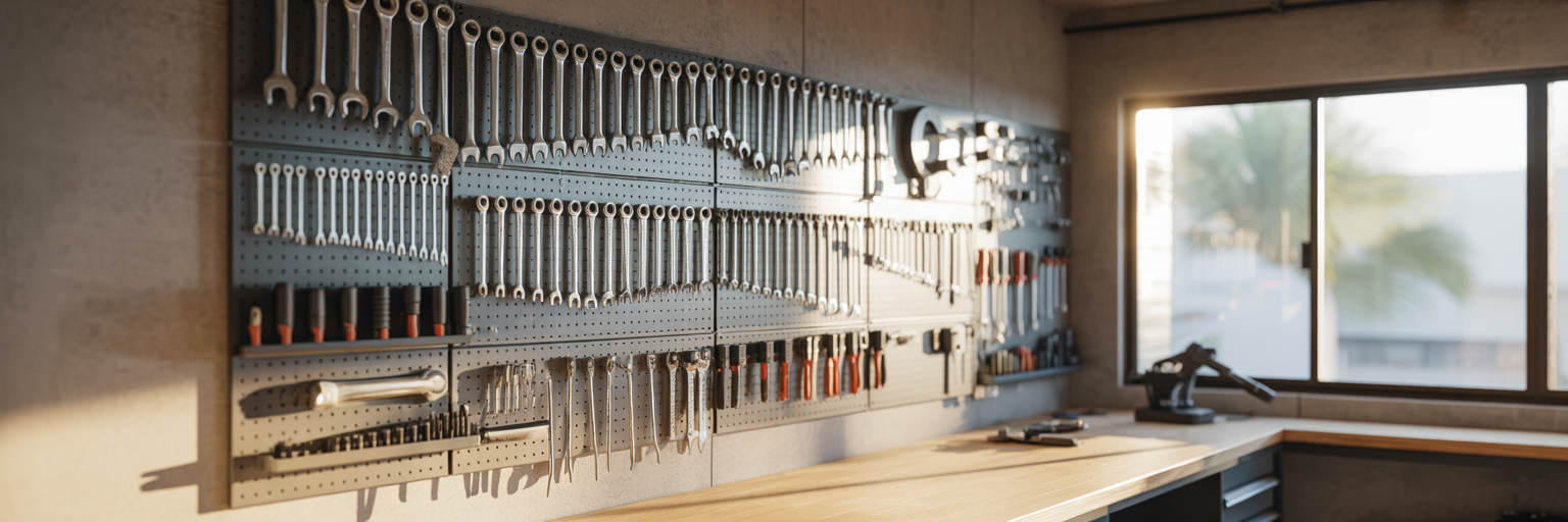 Organised modular tool wall in modern workshop