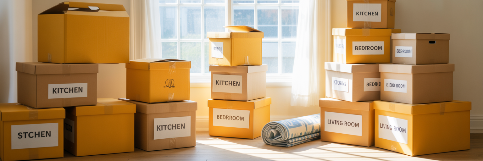 Organised moving boxes with colour-coded labels.