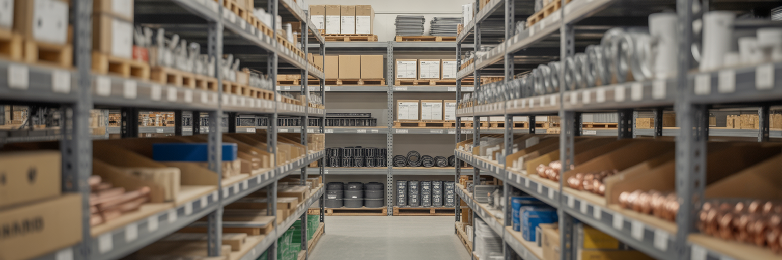 Organised stockroom in a manufacturing warehouse.