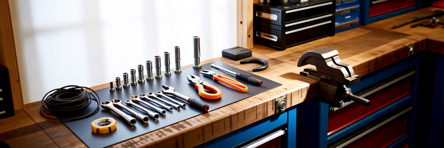 Organized automotive repair tools on a workbench.