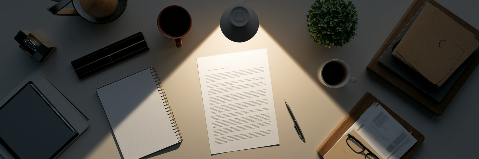 Organized desk with focused light on one document.