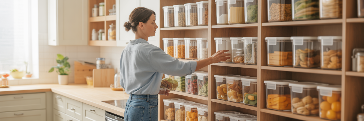 Organized kitchen pantry with clear containers.