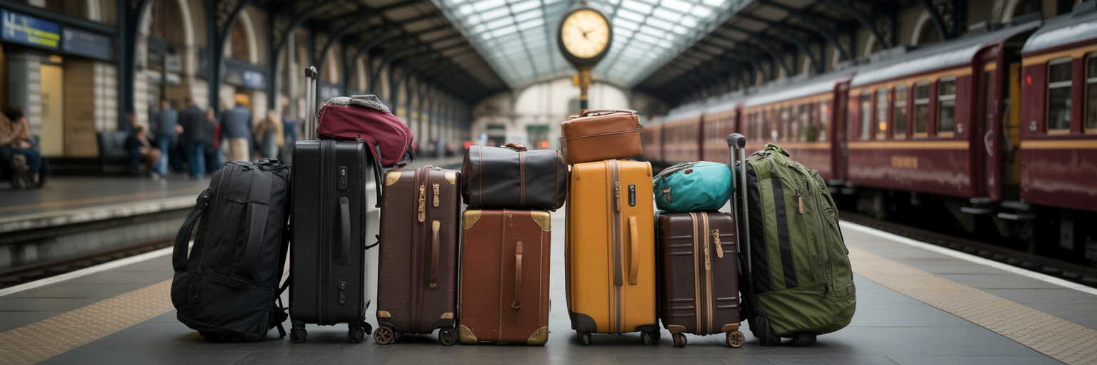 Organized luggage on a train platform.