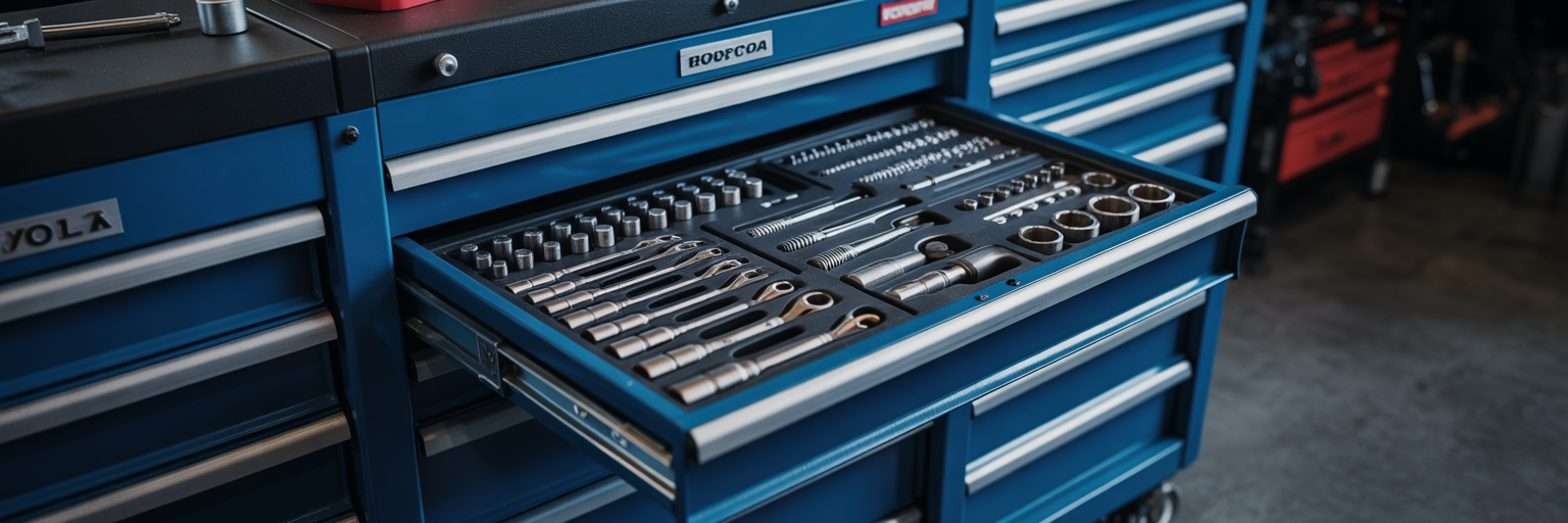 Organized mechanic's toolbox with precision instruments.