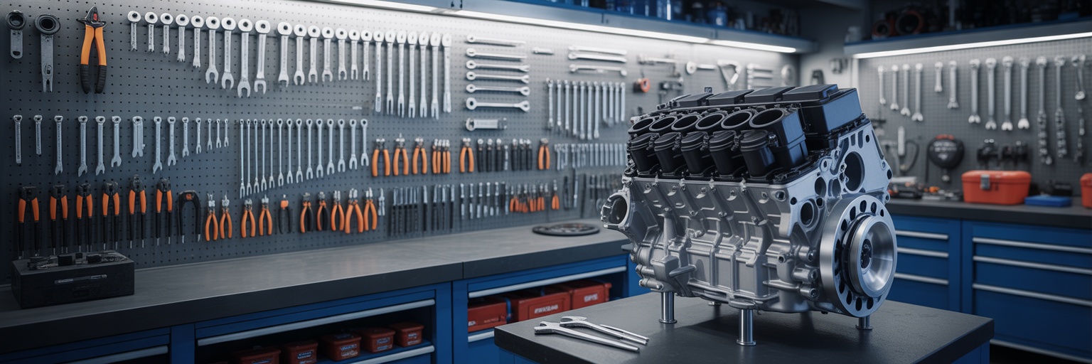 Organized mechanic's workshop with precision tools.