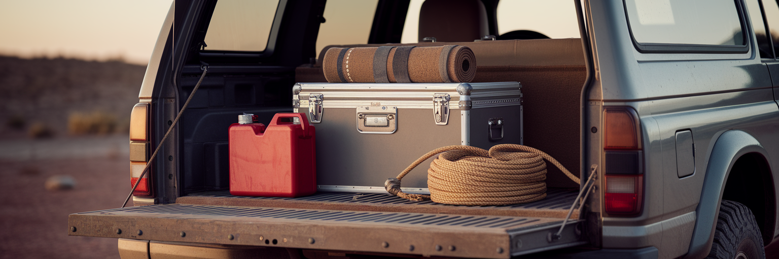 Organized off-road gear in 4x4 vehicle