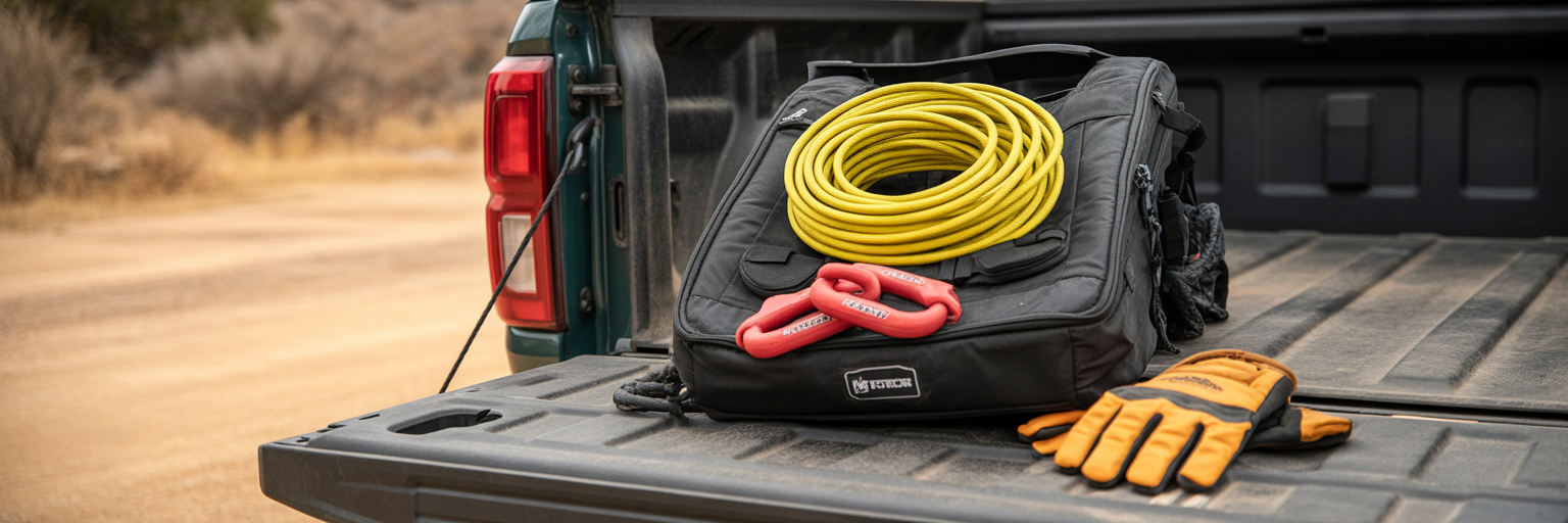 Organized off-road vehicle recovery kit.