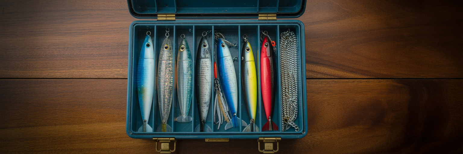 Organized offshore fishing lures in tackle box.