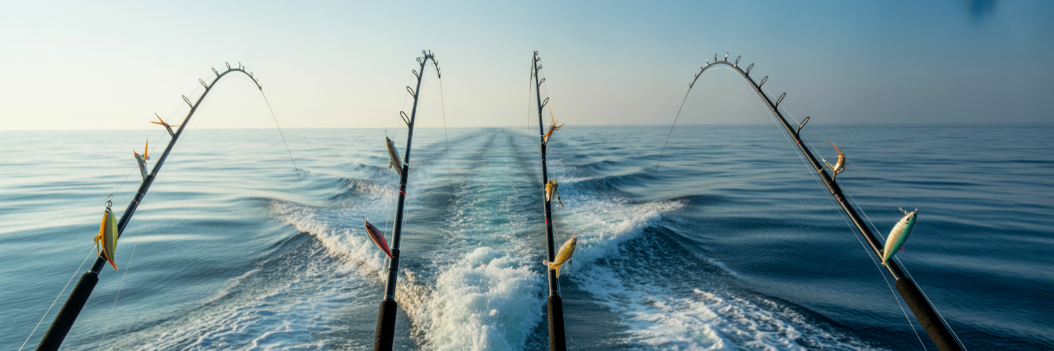 Organized offshore trolling lure spread.