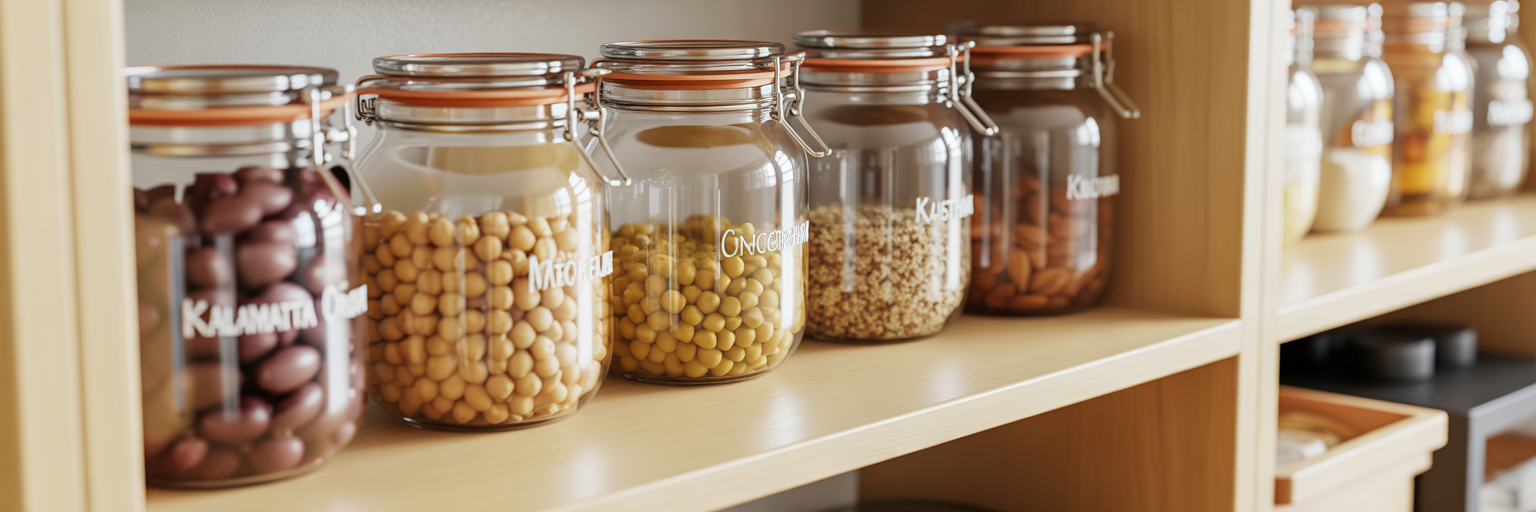 Organized pantry with Mediterranean diet staples.