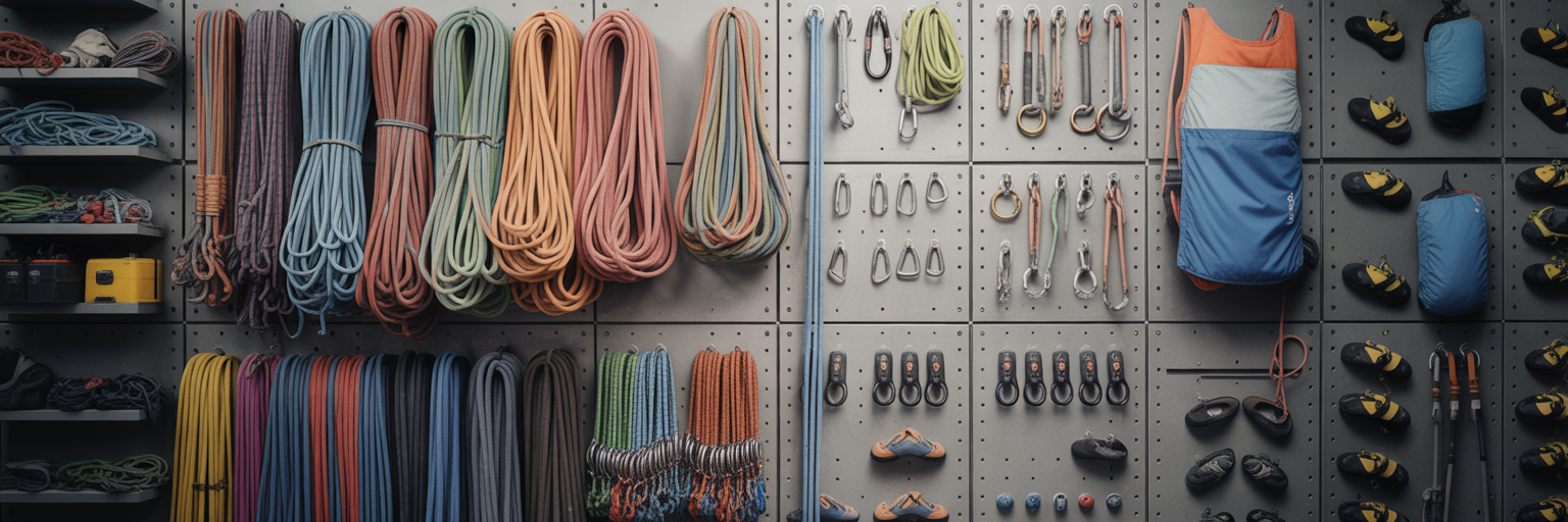 Organized rock-climbing gear on a wall.