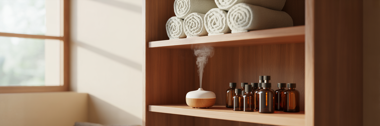Organized shelves in home wellness space.