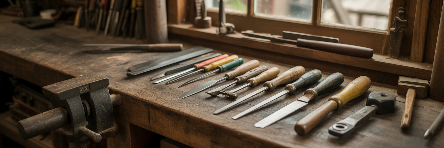 Organized tools on a workbench representing steps.