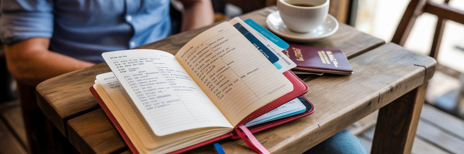 Organized travel journal with tickets and passport.