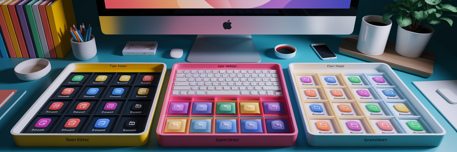 Organized trays of app icons and screenshots.